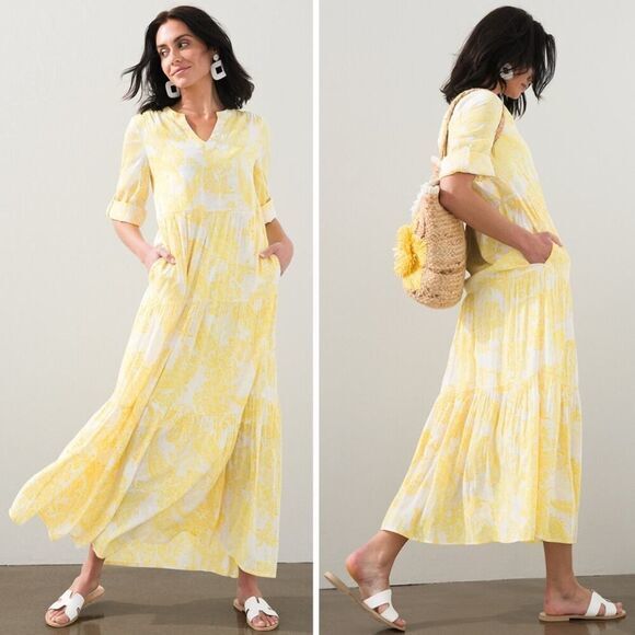 New! Chico's Tiered Paisley Maxi Dress yellow, Chico size 0, US size S/4 - Picture 1 of 16